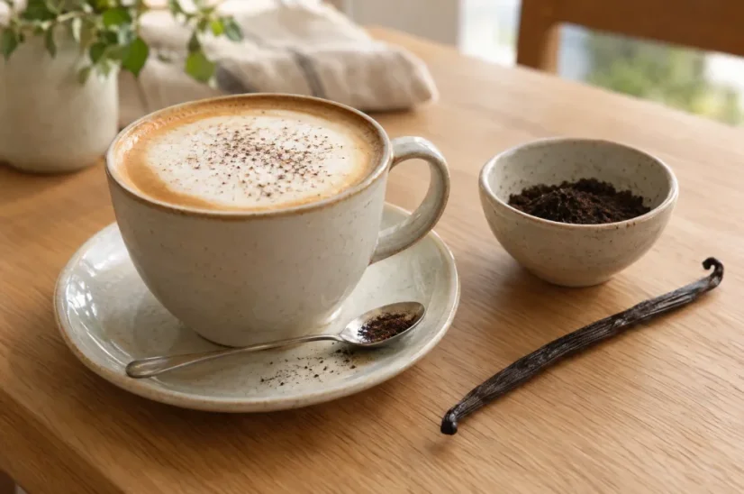 Mletá vanilka do kávy – latte posypané vanilkou